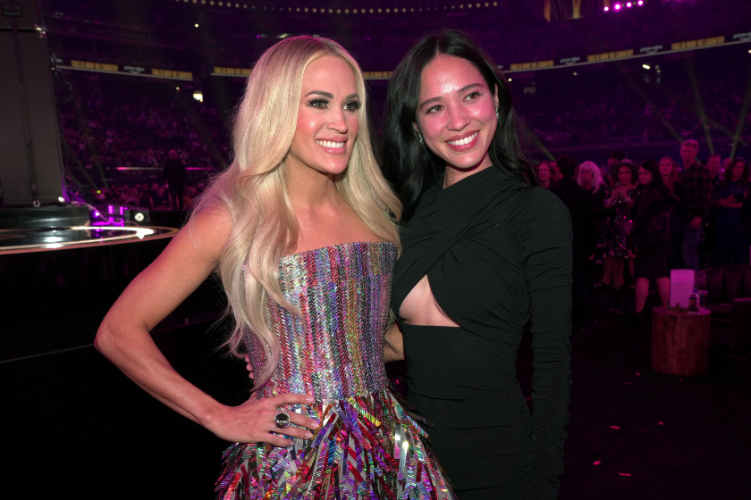 Carrie Underwood and Kelsey Asbille pose during the 57th Academy of Country Music Awards at Allegiant Stadium on March 07, 2022 in Las Vegas, Nevada
