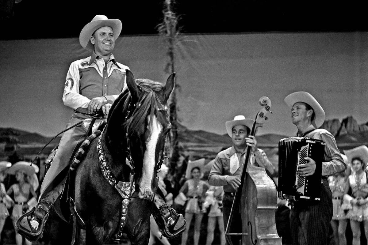 SEPTEMBER 13, 1953: Singing cowboy Gene Autry and his horse Champion appear on "Toast of the Town" (later renamed "The Ed Sullivan Show") on September 13, 1953, in New York, New York