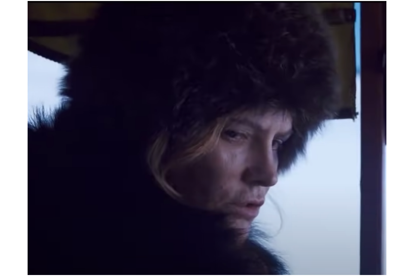 Jennifer Jason Leigh wearing a fur hat in a scene from 'The Hateful Eight'