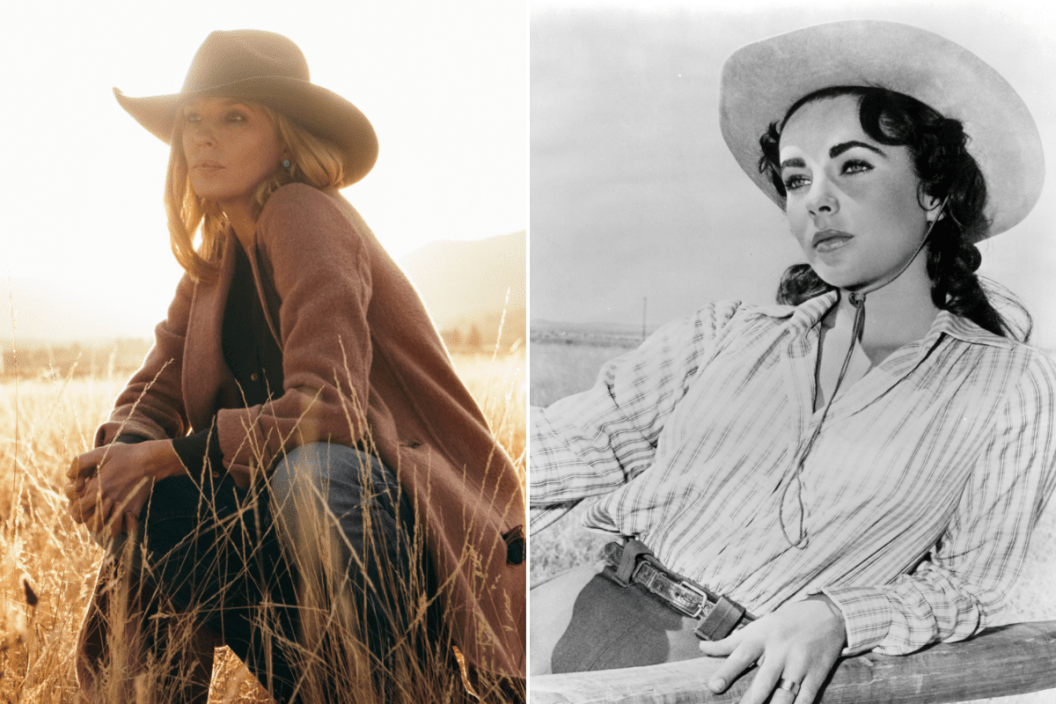 Kelly Reilly in a field wearing a cowboy hat in a scene from 'Yellowstone' / Elizabeth Taylor on the ranch in a scene from the film 'Giant', 1956