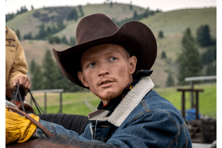Jefferson White wearing a cowboy hat as Jimmy in a scene from 'Yellowstone'