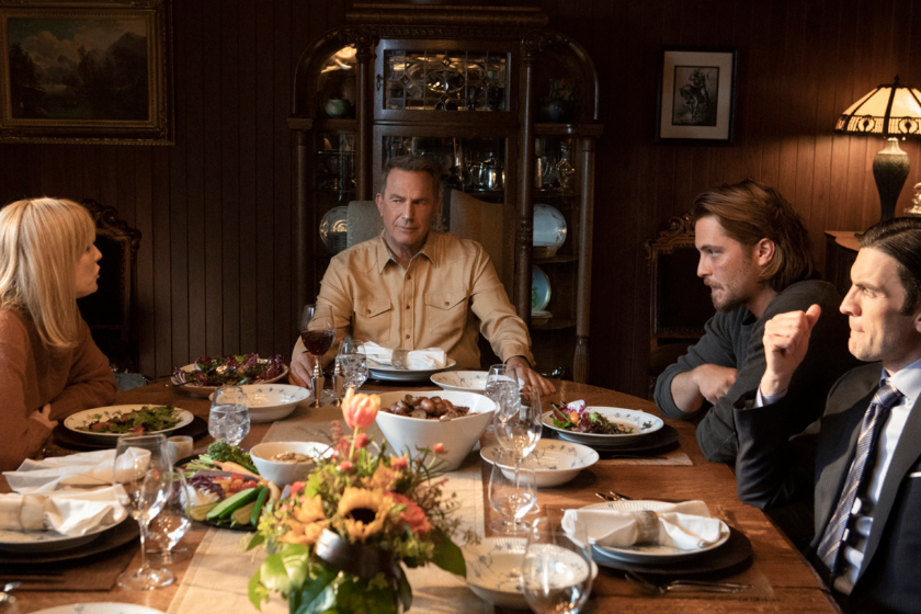Family dinner scene with Beth, John, Kayce, and Jamie from 'Yellowstone'