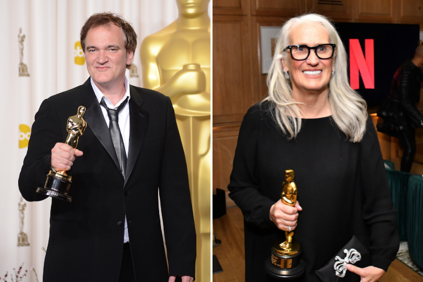 Writer-director Quentin Tarantino, winner of the Best Original Screenplay award for 'Django Unchained,' poses in the press room during the Oscars held at Loews Hollywood Hotel on February 24, 2013 in Hollywood, California / Jane Campion attends the 2022 Netflix Oscar After Party at San Vicente Bungalows on March 27, 2022 in West Hollywood, California