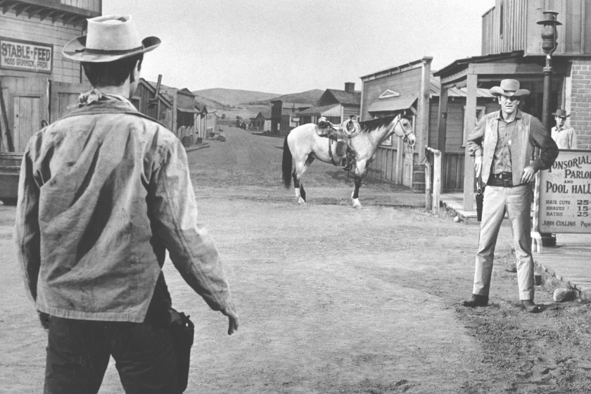  CIRCA 1965: James Arness as Marshall Matt Dillon faces down a bad guy on an episode of 'Gunsmoke' circa 1965 in Los Angeles, California
