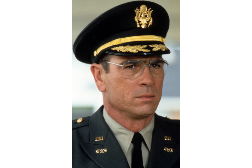 Tommy Lee Jones dressed in a full military uniform in a scene from the film 'Blue Sky', 1994