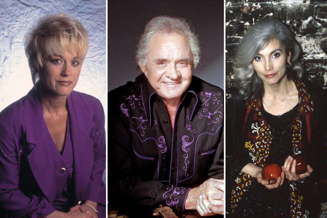 Head shots of Lorrie Morgan, Johnny Cash and Emmylou Harris