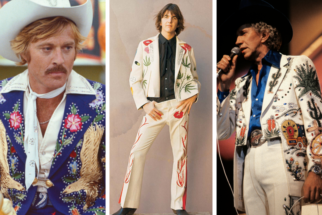 Robert Redford, US actor, wearing a brightly coloured Western-style jacket embroidered with floral motifs, a white cowboy hat and white neckerchief in a publicity still issued for the film, 'The Electric Horseman', 1979./ USA Photo of Gram PARSONS, Posed portrait in Nudie suit / Photo of Porter Wagoner, Porter Wagoner performing live on stage at the Country Music Festival