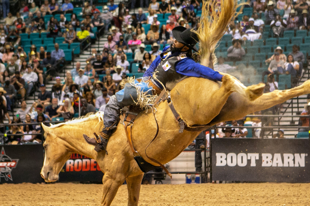 Tre Hosley, of Compton, Calif., participates in the finals of the bareback riding competition at the Bill Pickett Invitational Rodeo final on Sunday, June 13, 2021 in Las Vegas, CA. (Jason Armond / Los Angeles Times via Getty Images)