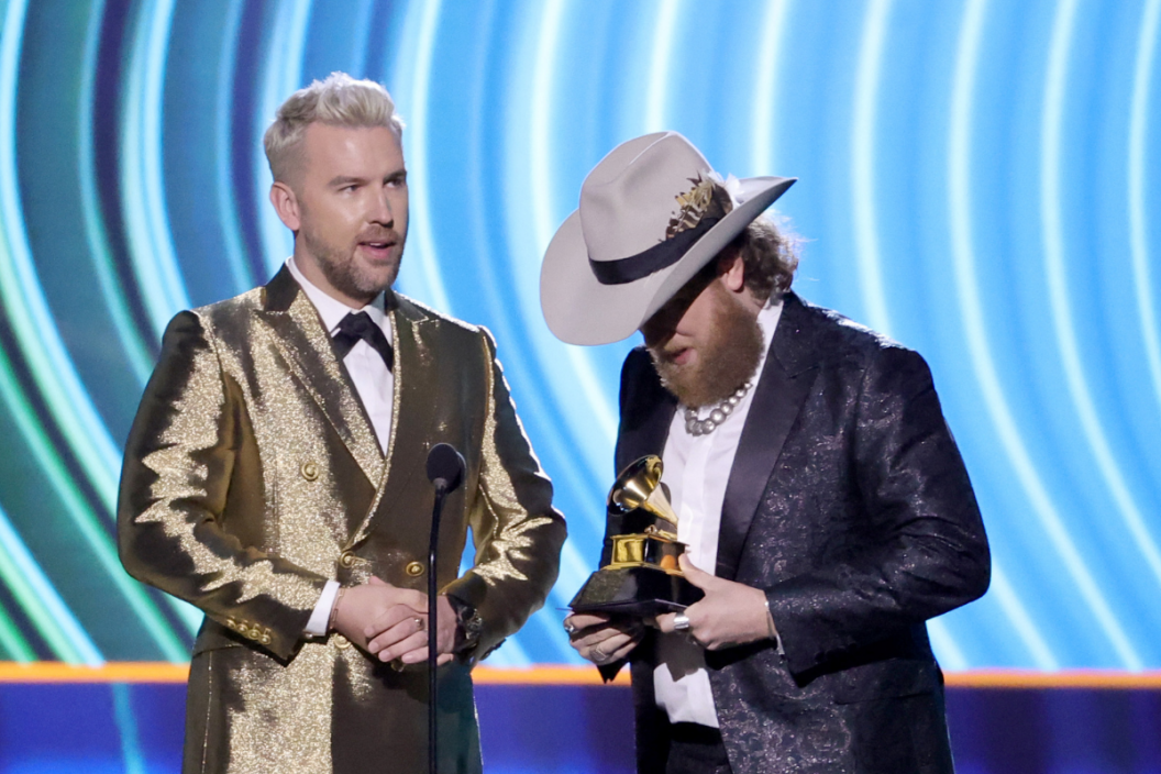 T.J. Osborne and John Osborne of Brothers Osborne accept the Best Country Duo/Group Performance award onstage during the 64th Annual GRAMMY Awards Premiere Ceremony at MGM Grand Marquee Ballroom on April 03, 2022 in Las Vegas, Nevada.