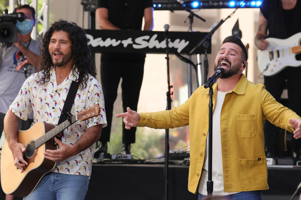 Dan Smyers and Shay Mooney of Dan + Shay perform On "Today" Show at Rockefeller Plaza on July 16, 2021 in New York City.