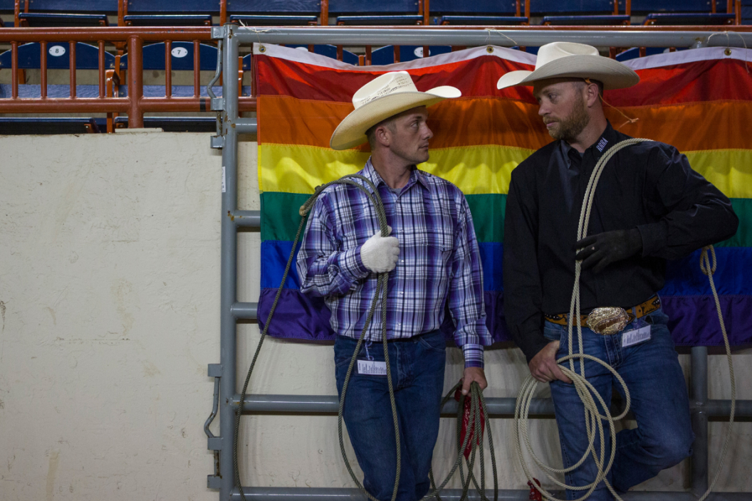 John Lipscomb (left) chats with John Payton during the Keystone State Gay Rodeo in Harrisburg, Pennsylvania, on June 25, 2017.