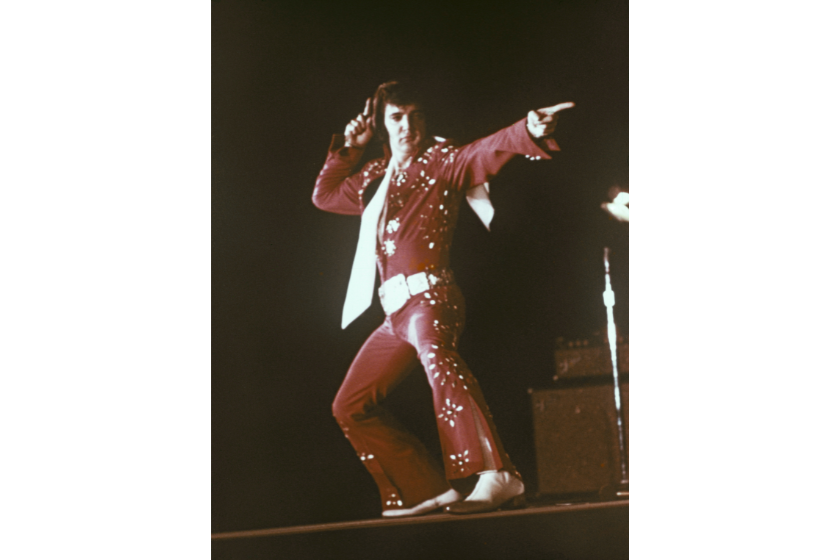 American singer Elvis Presley (1935 - 1977) performing on stage, 1972