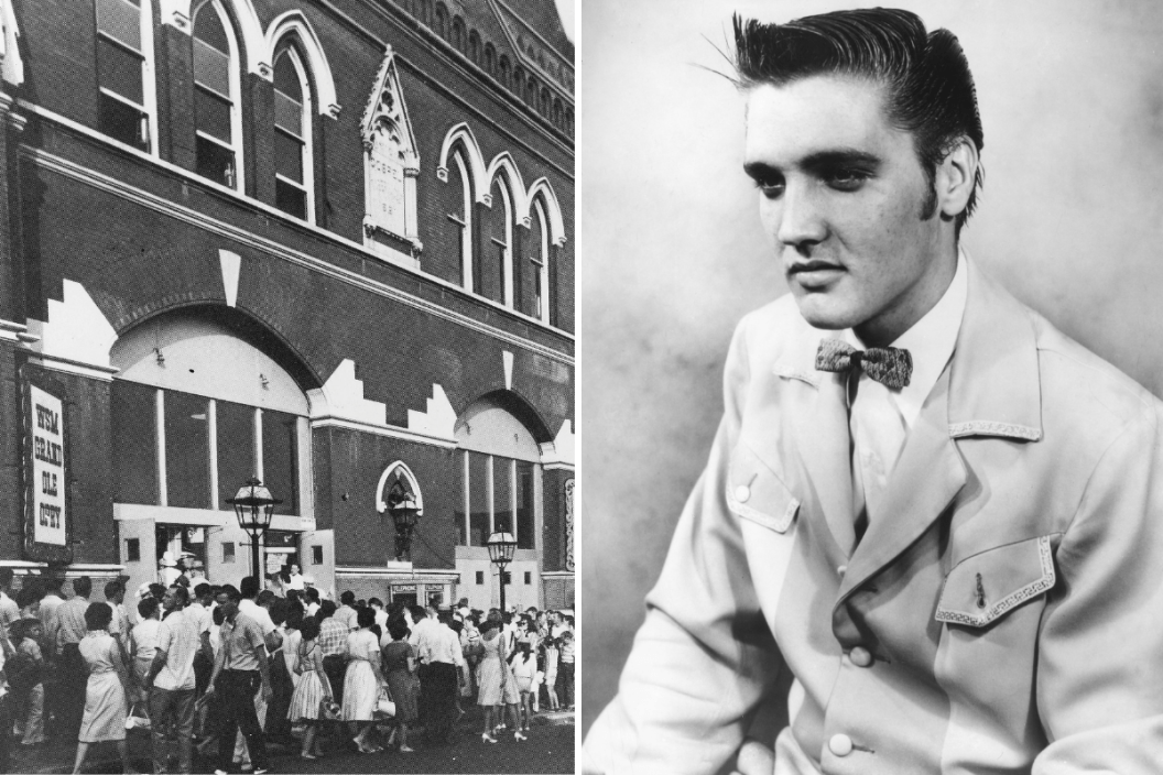 Photo of the Ryman Auditorium circa 1960 and a 1954 photo of Elvis Presley