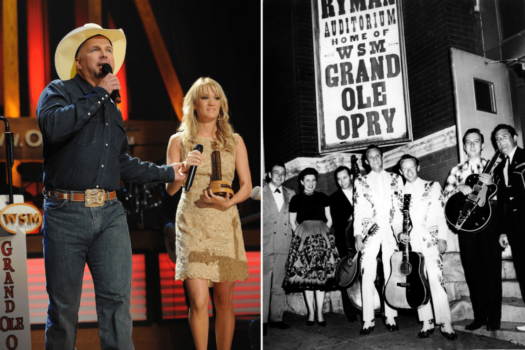 NASHVILLE, TN - MAY 10: Carrie Underwood is inducted as the newest member of The Grand Ole Opry by fellow Opry member Garth Brooks. Brooks presented Underwood with The Opry Members Award, The award's wooden base is made from the Pews at The Ryman Auditorium, The first home of The Grand Ole Opry. The induction ceremony was held during OPRY LIVE on GAC which Carrie performed 3 songs on May 10, 2008 and NASHVILLE, TN - CIRCA 1958: (L-R) Hall Willis, Ginger Willis and Tommy Hill stand next to Ira Louvin and Charlie Louvin of the country brothers duo "The Louvin Brothers" as they pose for a portrait outside the Ryman Auditorium, home of the Grand Ole Opry, in circa 1958 in Nashville, Tennessee.