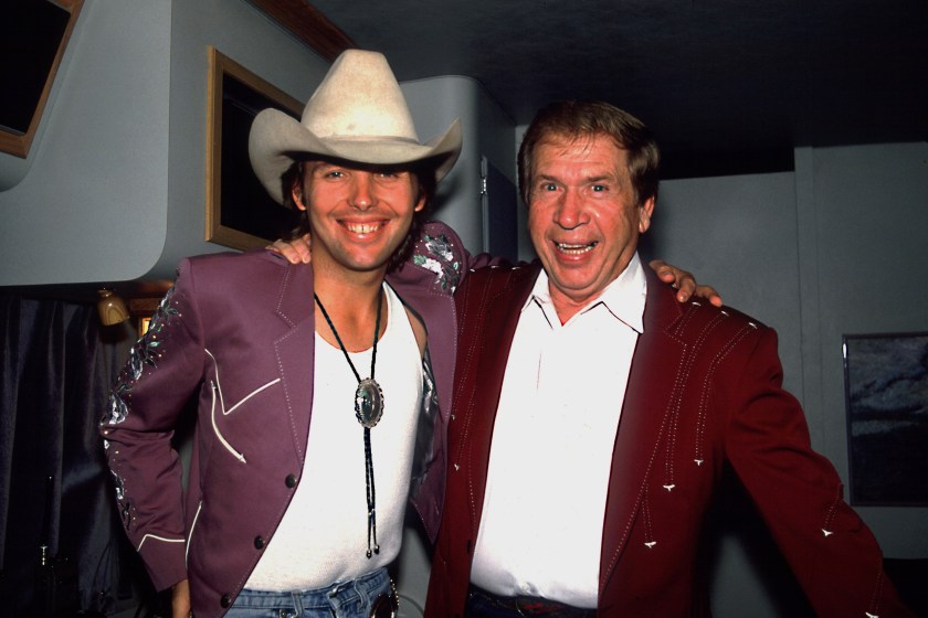 Dwight Yoakam and Buck Owens during Buck Owens in Concert - August 5, 1988 at Chicago Theater in Chicago, Illinois, United States. 