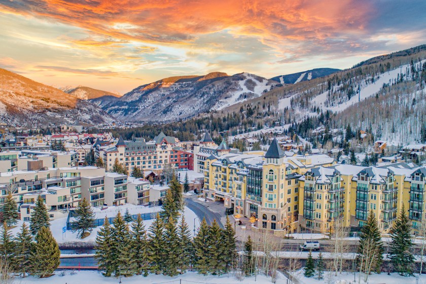 Vail, Colorado, USA Downtown Drone Mountains Aerial.