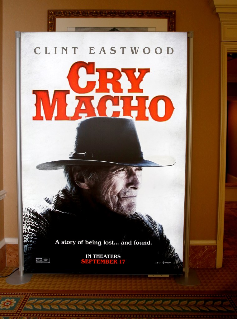 LAS VEGAS, NEVADA - AUGUST 26: An advertisement for the upcoming "Cry Macho" movie is displayed at Caesars Palace during CinemaCon, the official convention of the National Association of Theatre Owners, on August 26, 2021 in Las Vegas, Nevada.