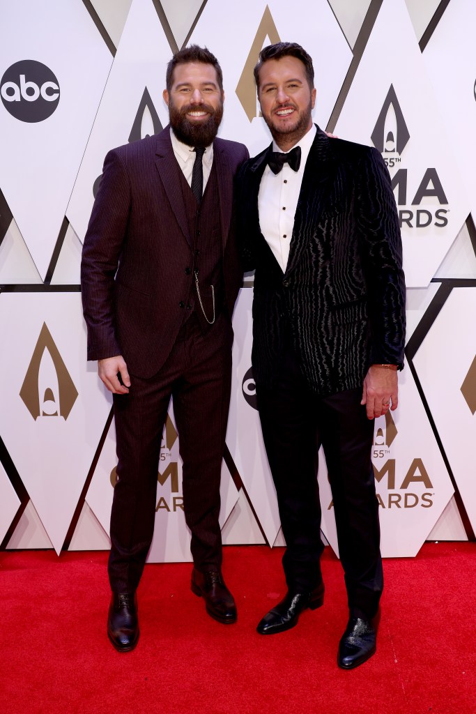 Jordan Davis and Luke Bryan attend the 55th annual Country Music Association awards at the Bridgestone Arena on November 10, 2021 in Nashville, Tennessee. 