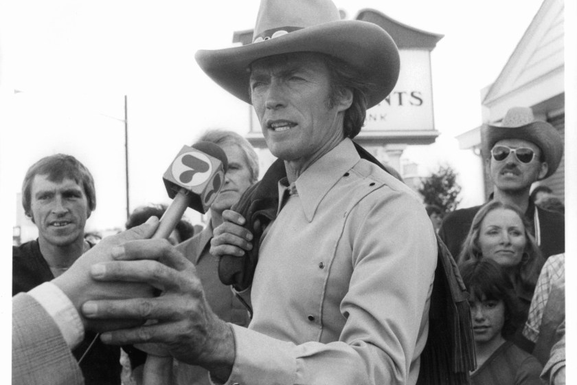 Clint Eastwood making a statement to channel 7 network in a scene from the film 'Bronco Billy', 1980. 