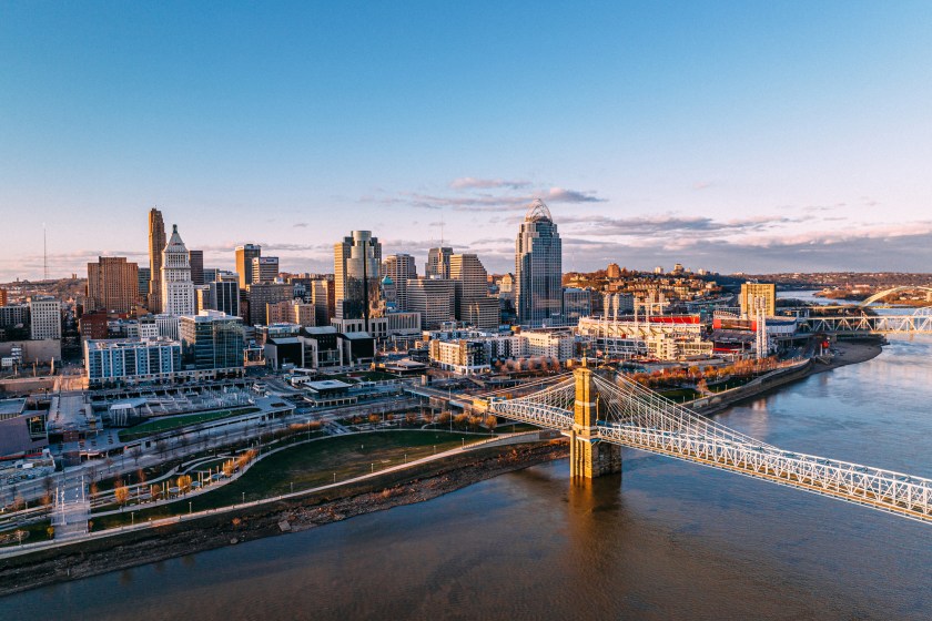 Downtown Cincinnati at Sunset and the Smale Riverfront Park along the Ohio River