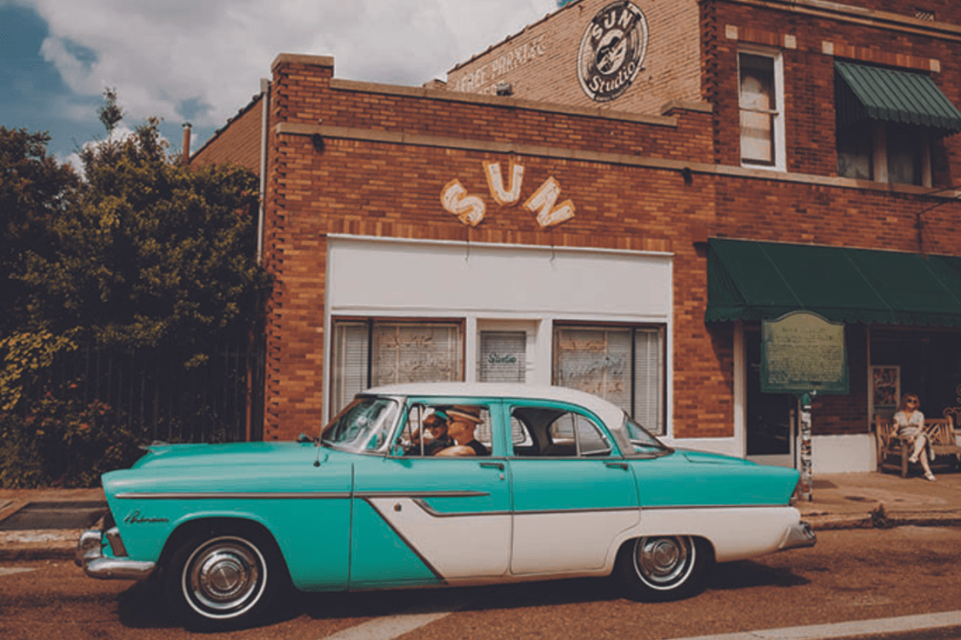 classic car outside of Sun Studios in Memphis