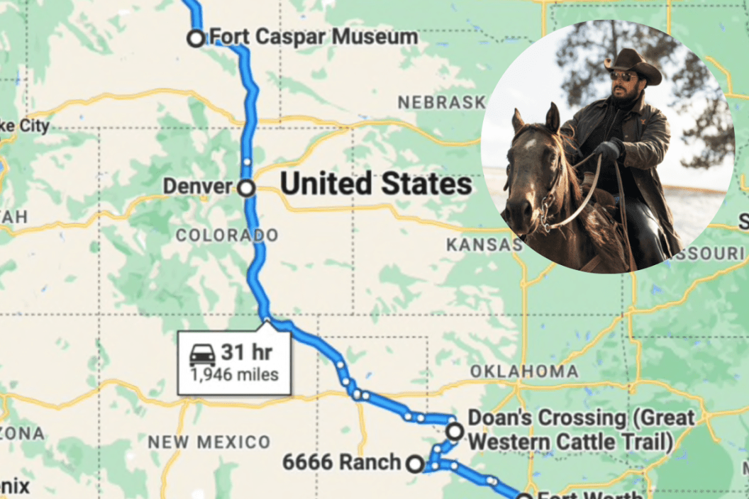 screenshot of Google maps/ photo of Rip Wheeler from Yellowstone