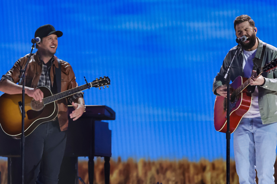 In this image released on March 06, 2022, Luke Bryan and Jordan Davis perform onstage during the 57th Academy of Country Music Awards, airing on March 07,2022, at Allegiant Stadium in Las Vegas, Nevada.