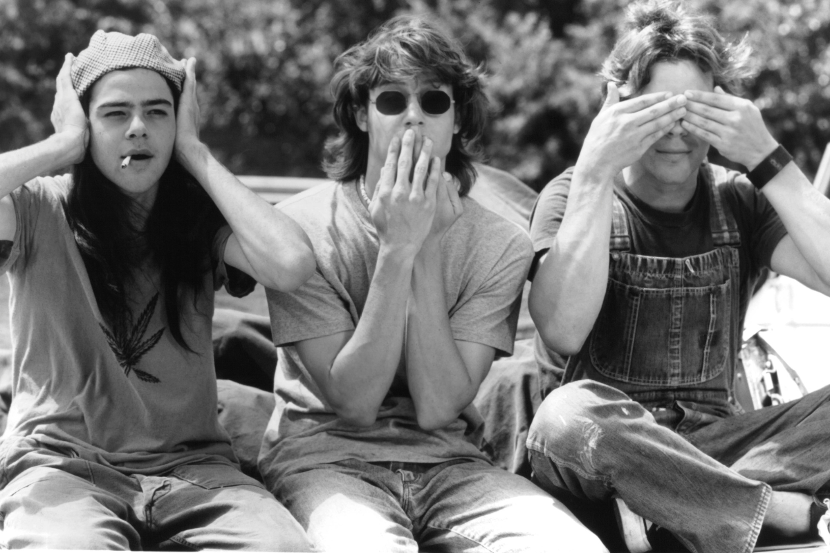 Rory Cochrane as hear no evil, Jason London as speak no evil and Sasha Jenson as see no evil in a scene from the film 'Dazed And Confused', 1993.