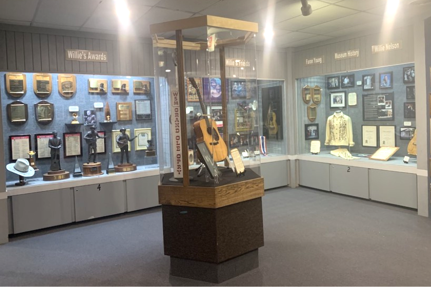 A panoramic view of some of the Willie Nelson items on display at the museum.
