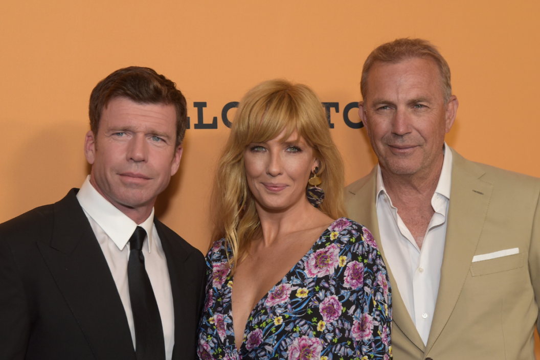 Taylor Sheridan, Kelly Reilly and Kevin Costner attend the premiere of Paramount Pictures' "Yellowstone" at Paramount Studios on June 11, 2018 in Hollywood, California