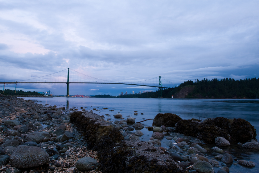 Shore view of the Lions Gate Bridge in Vancouver British Columbia. Downtown Vancouver can be seen in the distance.