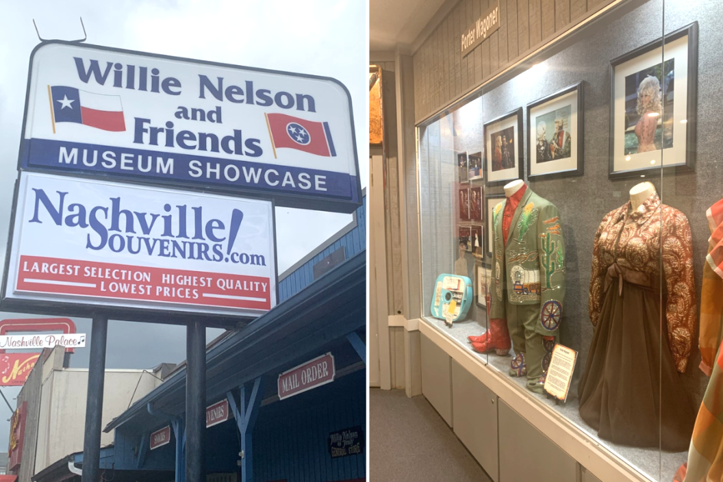 Signage for and an exhibit from Nashville's Willie Nelson Museum