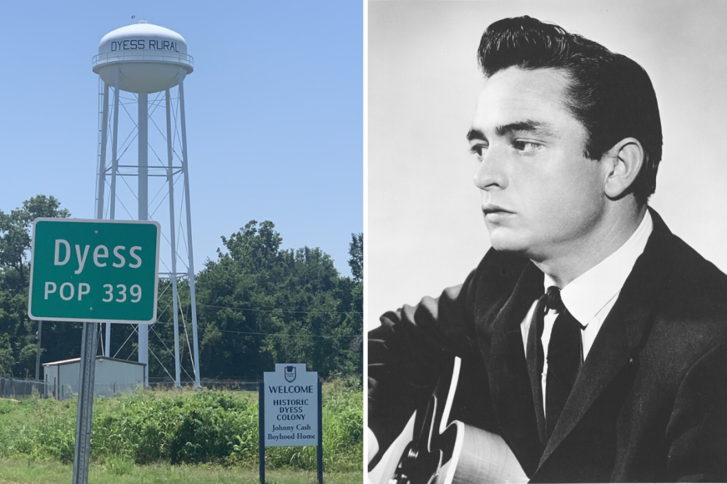 Shot of Dyess, Ark.'s signage and water power plus ountry singer/songwriter Johnny Cash poses for a portrait in circa 1957.