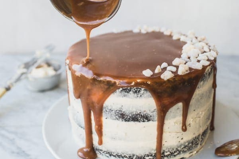 gingerbread layer cake with salted whiskey caramel