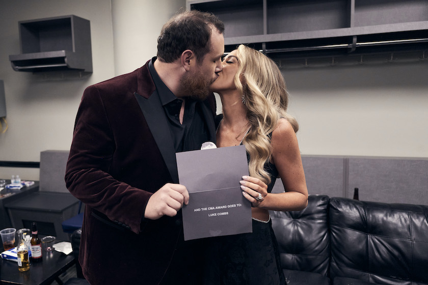 NASHVILLE, TENNESSEE - NOVEMBER 10: Luke Combs and Nicole Hocking backstage during the 55th Annual Country Music Association Awards at Bridgestone Arena on November 10, 2021 in Nashville, Tennessee. 