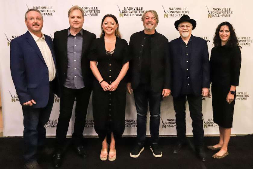 (L to R) Mark Ford (NaSHOF executive director), inductees Steve Wariner, Hillary Lindsey, David Malloy and Gary Nicholson and Sarah Cates (chair of NaSHOF Board of Directors). Not pictured, inductee Shania Twain.
