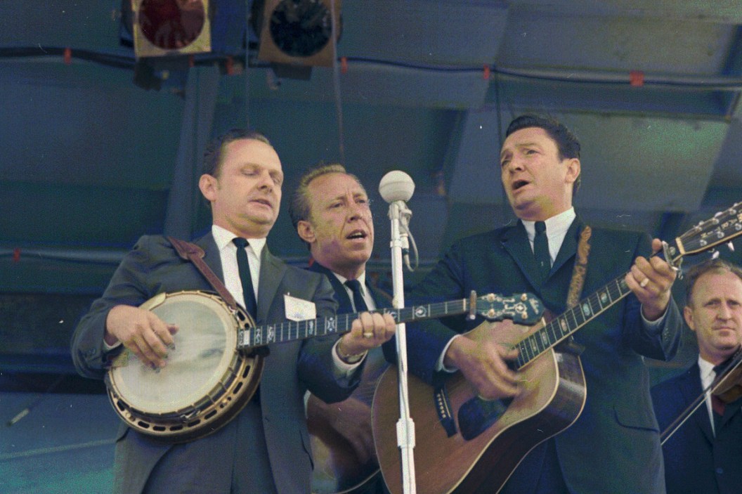 American bluegrass duo of singer-songwriters and musicians Stanley Brothers at Newport Folk Festival, US, 26th July 1964.