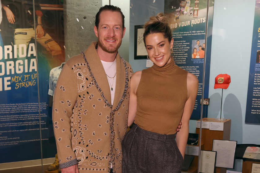 Tyler Hubbard of Florida Georgia Line and Hayley Hubbard attend Florida Georgia Line: Mix It Up Strong Exhibit opening day at Country Music Hall of Fame and Museum on February 06, 2022 in Nashville, Tennessee