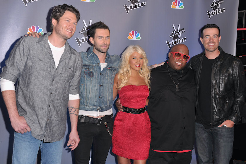 LOS ANGELES, CA - MARCH 15: Singer Blake Shelton, singer Adam Levine, singer Christina Aguilera, singer Cee Lo Green and host Carson Daly arrive at NBC's press conference for the their new Show "The Voice" on March 15, 2011 in Los Angeles, California. 