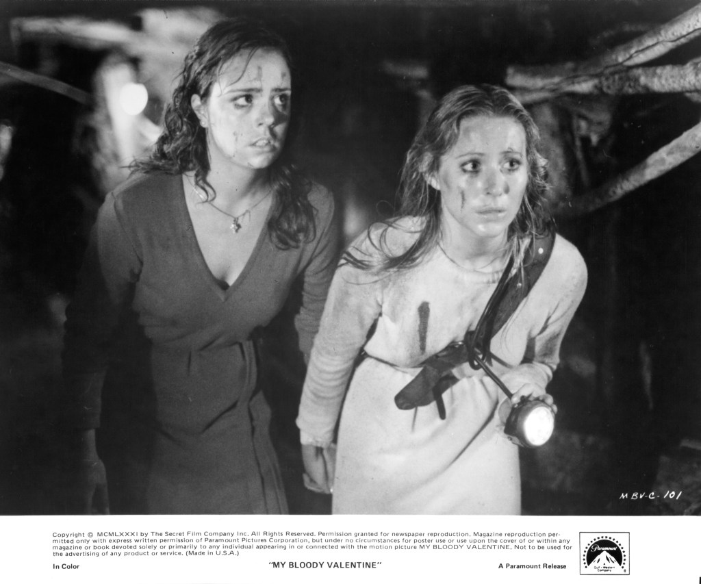 Actresses Lori Hallier and Cynthia Dale on the set of Paramount Pictures movie "My Bloody Valentine" in 1981. 