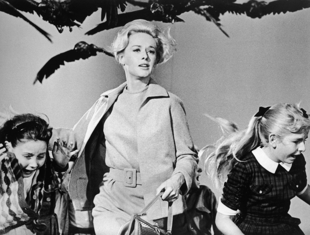 1963, American actor Tippi Hedren and a group of children run away from the attacking crows in a still from the film 'The Birds' directed by Alfred Hitchcock. 