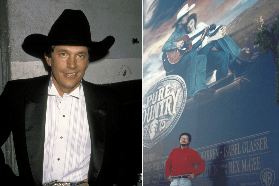 Side-by-side of a George Strait photo from the early '90s and a photo of script writer Rex McGee posing in front of the 'Pure Country' promotional poster.