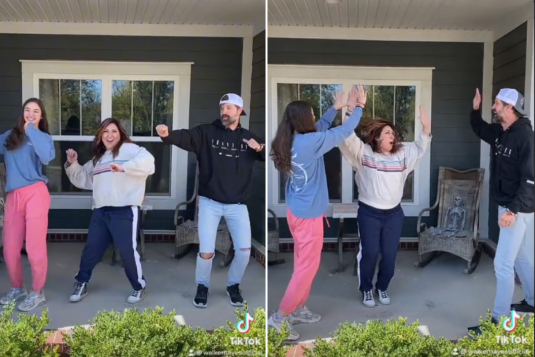 Screengrabs from Jo Dee Messina's Oct. 2022 TikTok dance with Walker Hayes and his 16-year-old daughter, Lela.