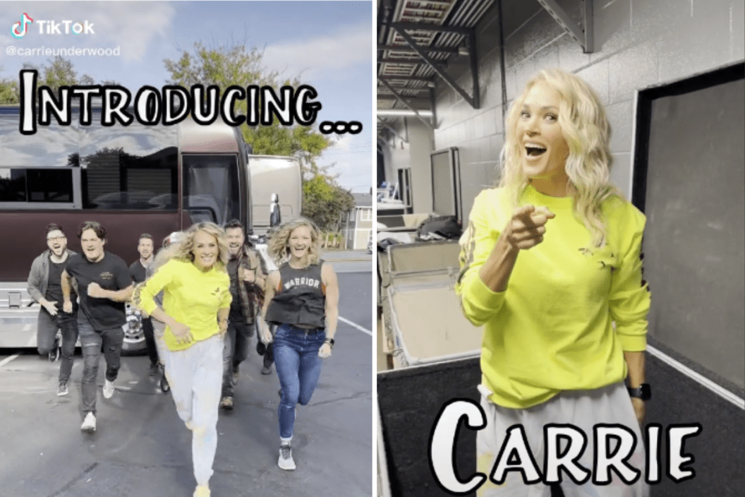 Screengrabs from Carrie Underwood and her crew's Oct. 2022 TikTok parody of the 'Full House' theme song and introduction.