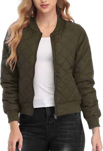 andy & natalie Women's Quilted Jacket Long Sleeve Zip up Raglan Bomber Jacket with Pockets