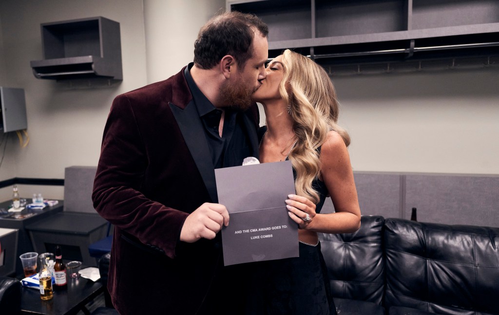  Luke Combs and Nicole Hocking backstage during the 55th Annual Country Music Association Awards at Bridgestone Arena on November 10, 2021 in Nashville, Tennessee. 