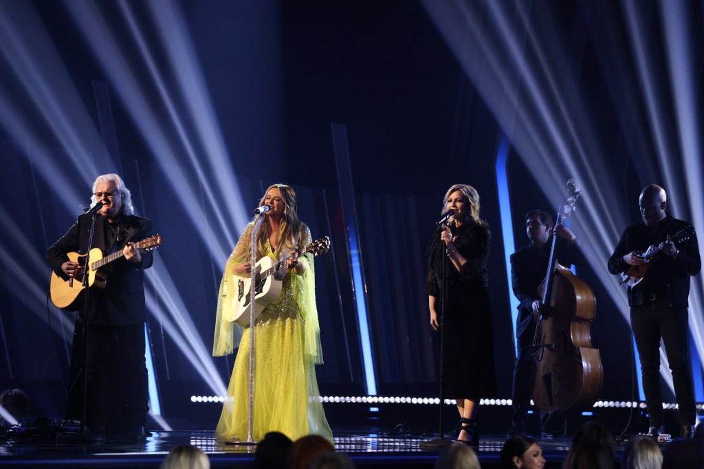 Ricky Skaggs, Carly Pearce and Sonya Isaacs perform onstage at the 56th Annual CMA Awards at Bridgestone Arena on November 09, 2022 in Nashville, Tennessee.