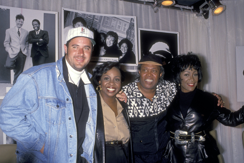 Country Singer Vince Gill, and R&B/Soul Singers Gladys Knight, Sam Moore, and Patti LaBelle attend the 'Press Conference for the R&B/Country Artists Duets Album-'Rhythm Country & Blues' ' on March 23, 1994 at Universal Hilton Hotel in Universal City, California. 