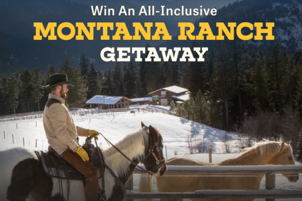 Cowboy on horseback with text that reads 'Win an all inclusive Montana Ranch Getaway'
