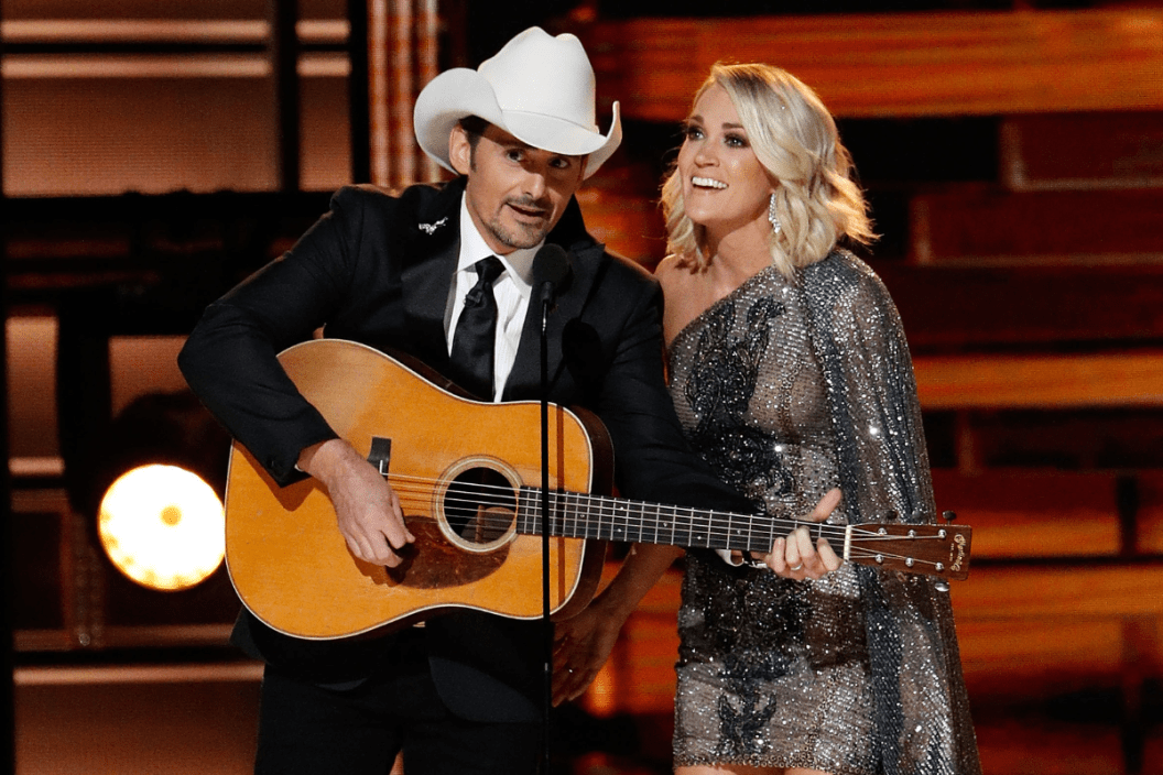 Brad Paisley and Carrie Underwood appear onstage during the 50th annual CMA Awards at the Bridgestone Arena on November 2, 2016 in Nashville, Tennessee.